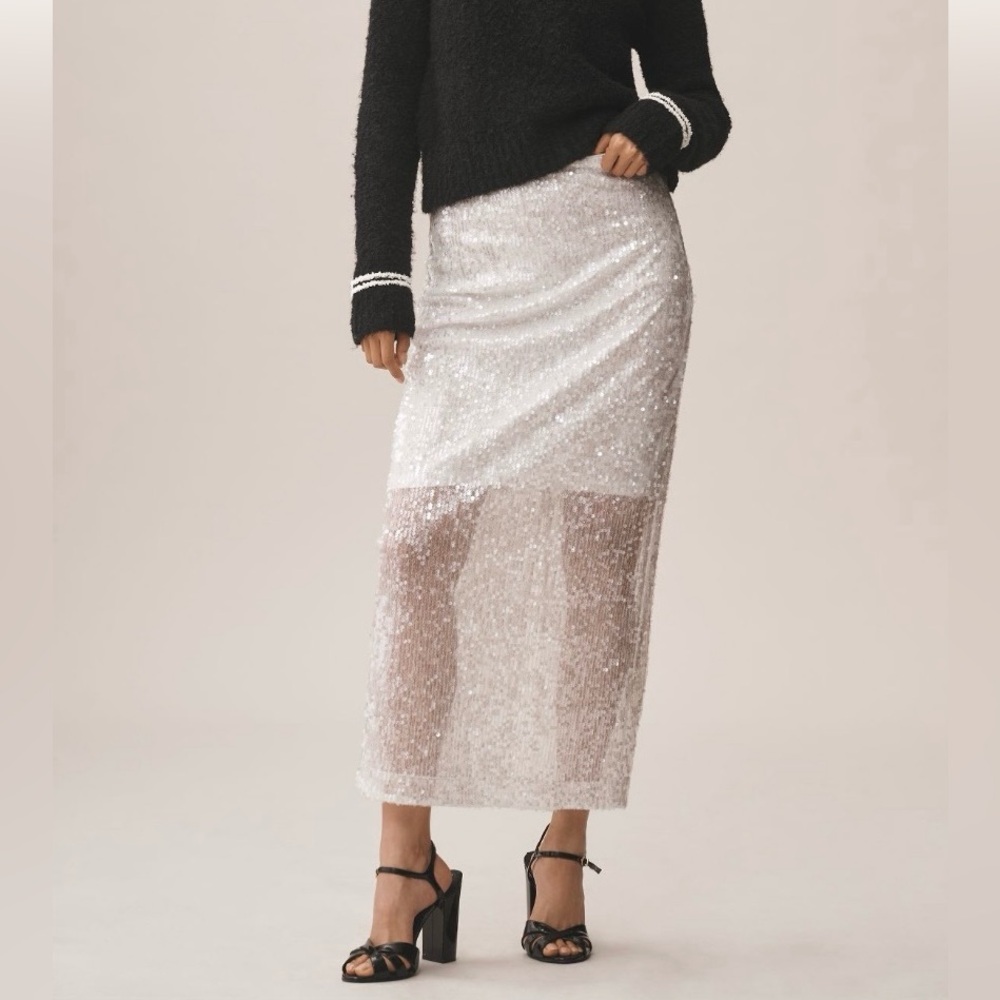 Anthropologie Grey Lab Sheer White Sequin Midi Skirt Medium NWT